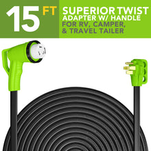 Leisure Cords 50AMP RV Extension Cord 90 Degree Handles Twist Locking Flat Cord Profile 15 Foot (Green)