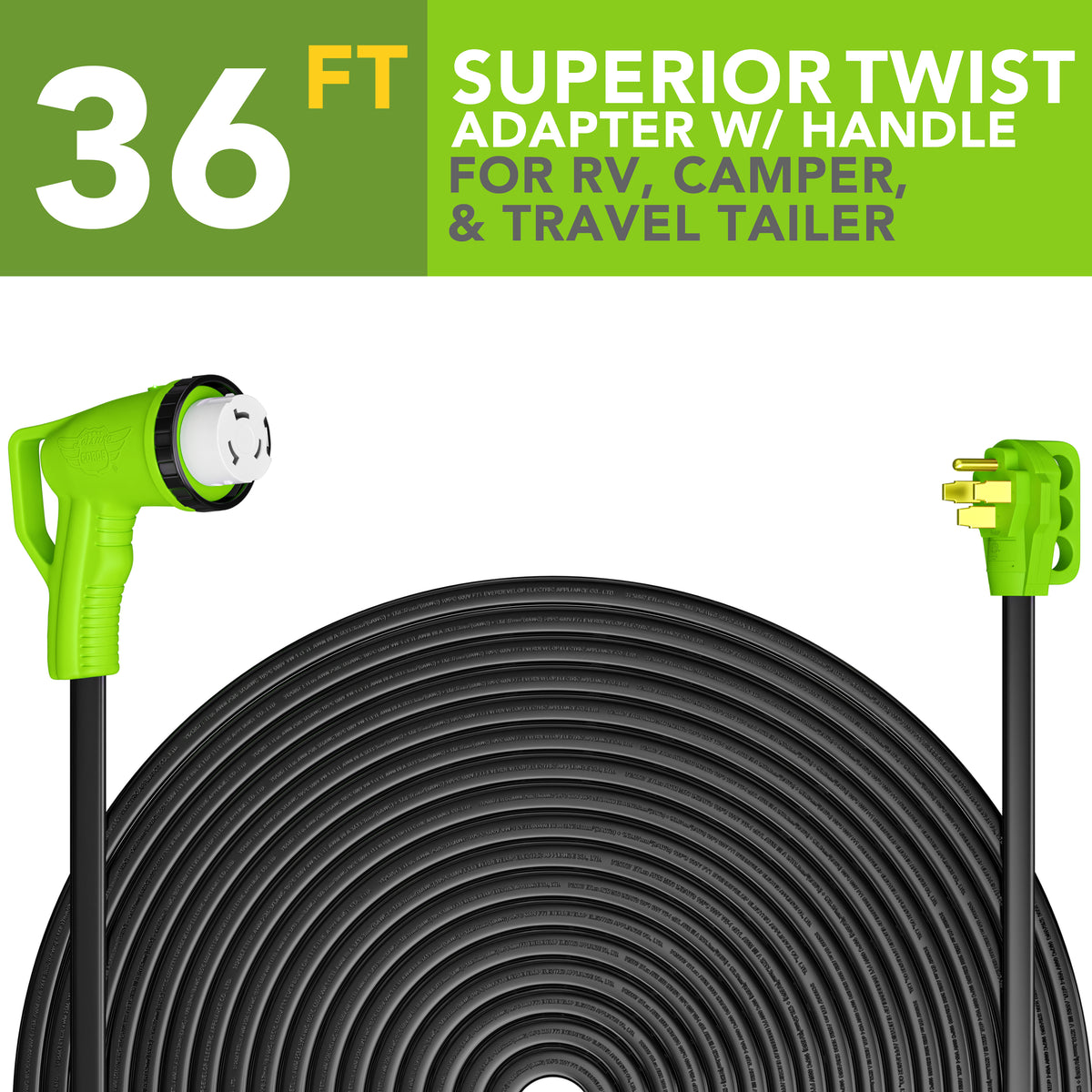 Leisure Cords 50AMP RV Extension Cord 90 Degree Handles Twist Locking Flat Cord Profile 36 Foot (Green)