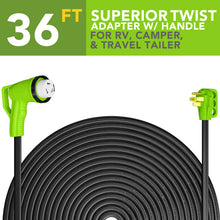 Leisure Cords 50AMP RV Extension Cord 90 Degree Handles Twist Locking Flat Cord Profile 36 Foot (Green)