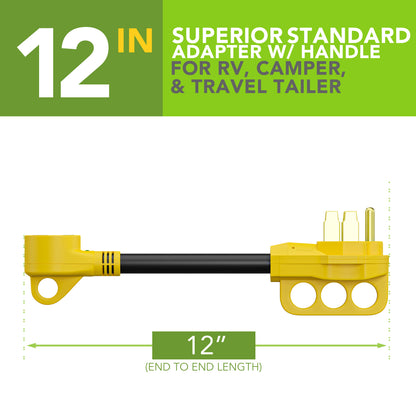 Leisure Cords 50AMP RV Dogbone Adapter Cord Standard NEMA 14-50P to TT-30R 12 Inch (Yellow)