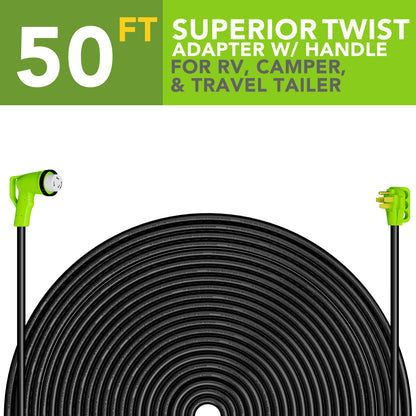Leisure Cords 50AMP RV Extension Cord 90 Degree Handles Twist Locking 50 Foot (Green)