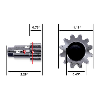 12-tooth RV slide-out motor shaft gear with 3/4" teeth, 5/8" bore and crank nut. Fits select RV slide-out systems. Pin sold separately