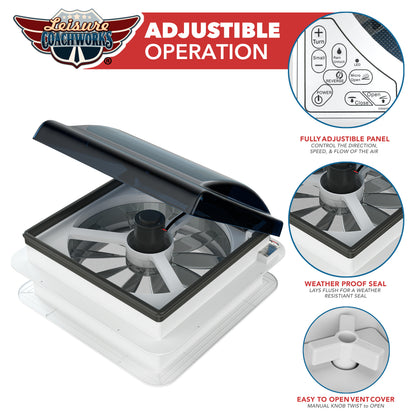 Leisure Coachworks RV Roof Vent Fan with 5 Speed Smoked Lid Rain Sensor and Remote 14 Inch x 14 Inch (White)