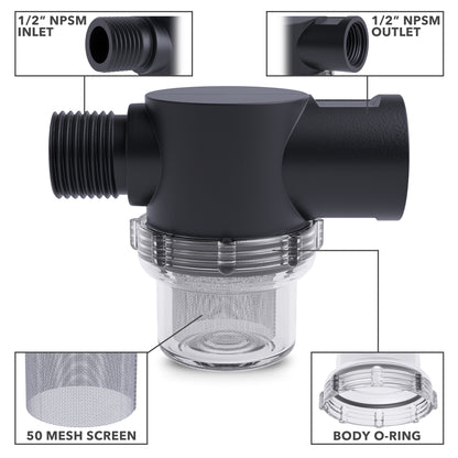 Leisure Coachworks RV Water Pump Stainer Filter with 1/2 Inch NPS Inlet 1/2 Inch NPSM Outlet (Black)