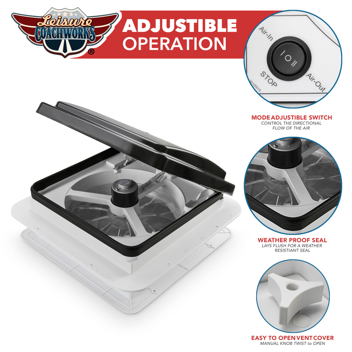 Leisure Coachworks RV Roof Vent Fan with Black Lid 11 Inch x 11 Inch (White)