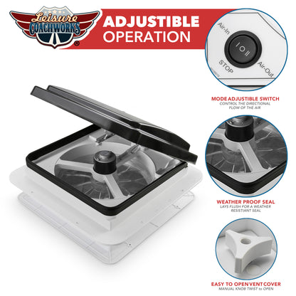 Leisure Coachworks RV Roof Vent Fan with Black Lid 11 Inch x 11 Inch (White)