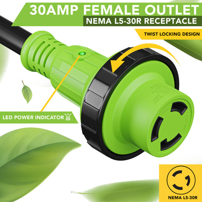 Leisure Cords 30AMP RV Dogbone Adapter Cord Twist Locking NEMA 5-15P to L5-30R 12 Inch (Green)