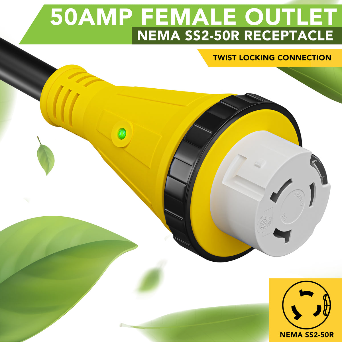 Leisure Cords 50AMP RV Dogbone Adapter Cord Twist Locking NEMA 5-15P to SS2-50R 12 Inch (Yellow)