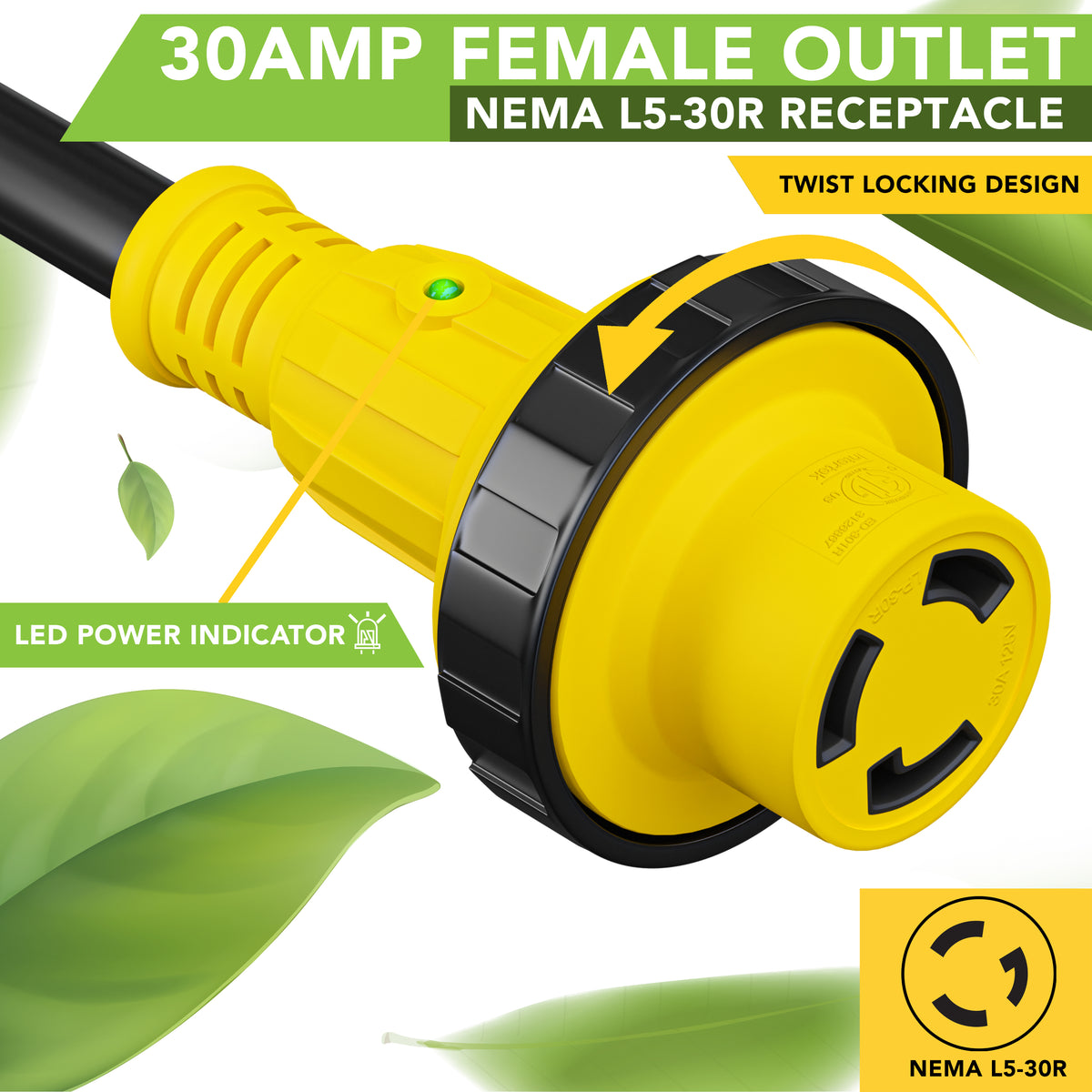 Leisure Cords 30AMP RV Dogbone Adapter Cord Twist Locking NEMA TT-30P to L5-30R 12 Inch (Yellow)