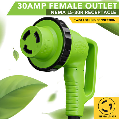 Leisure Cords 30AMP RV Dogbone Adapter Cord 90 Degree Handles Twist Locking NEMA 5-15P to L5-30R 12 Inch (Green)