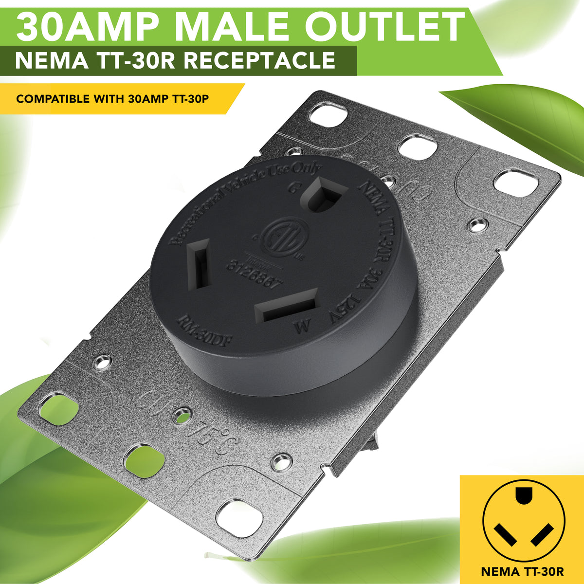 Leisure Cords 30AMP RV Replacement Power Receptacle NEMA TT-30R 3 Inch (Grey)
