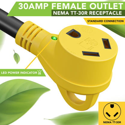 Leisure Cords 30AMP RV Dogbone Adapter Cord Standard NEMA 5-15P to TT-30R 12 Inch (Yellow)