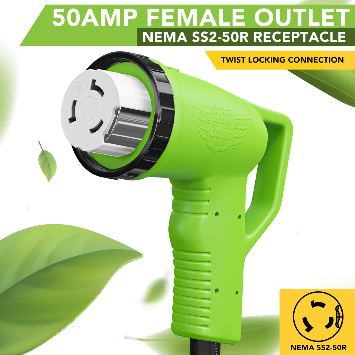 Leisure Cords 50AMP RV Extension Cord 90 Degree Handles Twist Locking 36 Foot (Green)