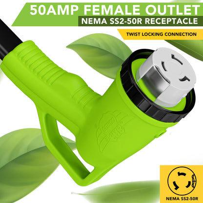Leisure Cords 50AMP RV Extension Cord 90 Degree Handles Twist Locking Flat Cord Profile 15 Foot (Green)