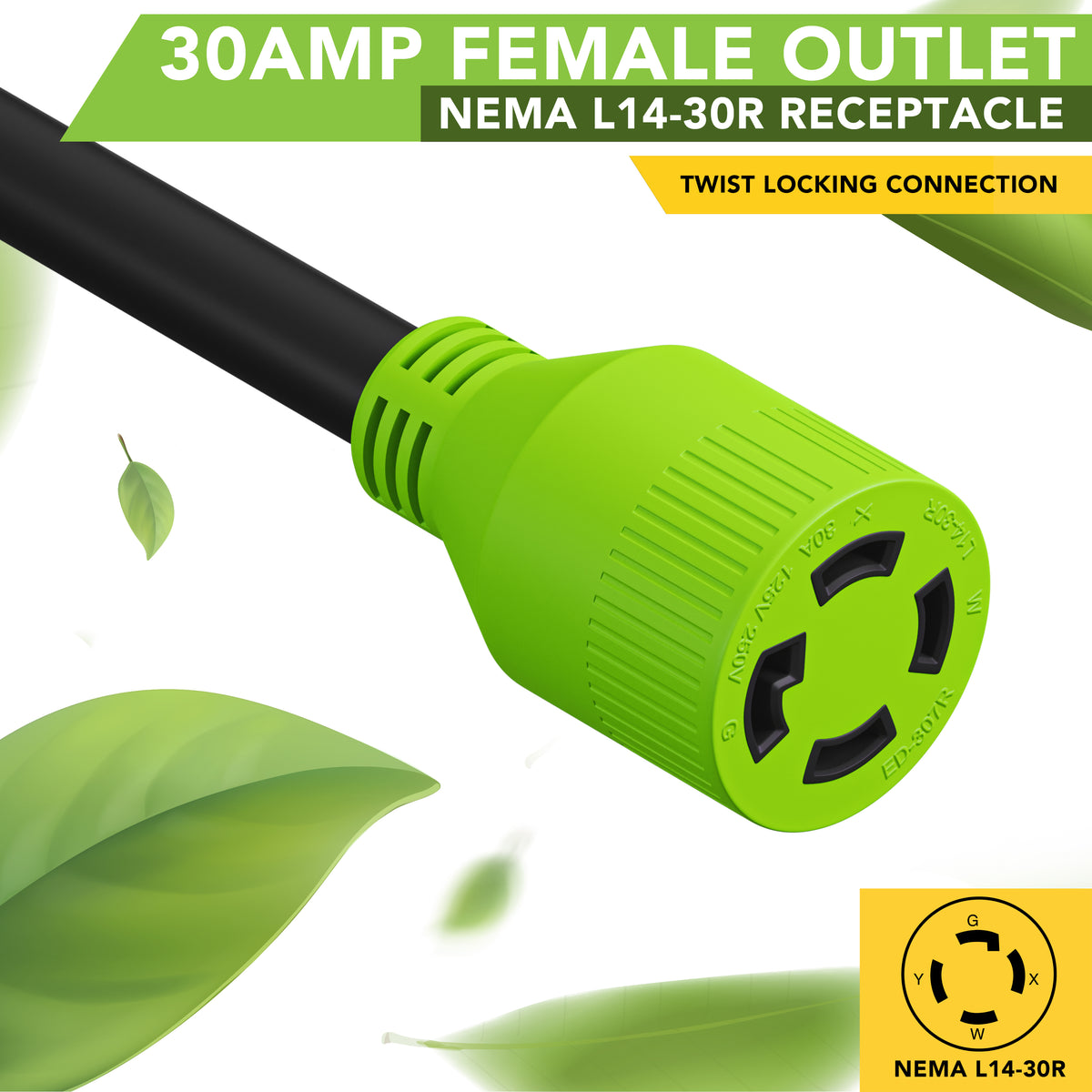 Leisure Cords 30AMP RV Generator Cord NEMA L14-30P to L14-30R 15 Foot (Green)