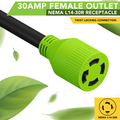 Leisure Cords 30AMP RV Generator Cord NEMA L14-30P to L14-30R 15 Foot (Green)