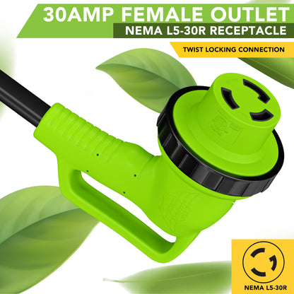 Leisure Cords 30AMP RV Extension Cord 90 Degree Handles Twist Locking Flat Cord Profile 50 Foot (Green)