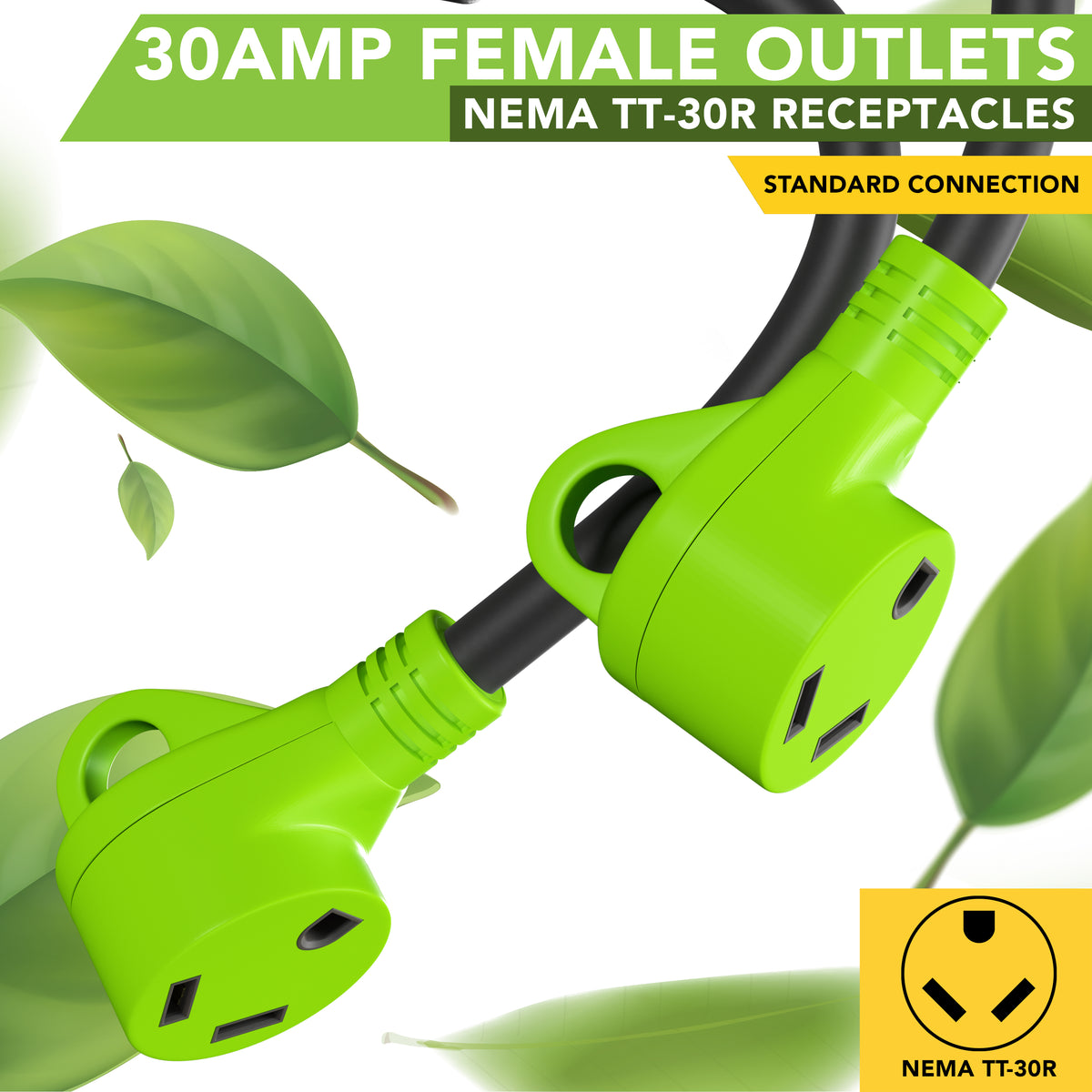 Leisure Cords 30AMP RV Y Adapter Cord 90 Degree Handle Standard NEMA TT-30P to TT-30R 24 Inch (Green)