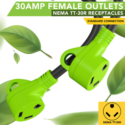 Leisure Cords 30AMP RV Y Adapter Cord 90 Degree Handle Standard NEMA TT-30P to TT-30R 24 Inch (Green)