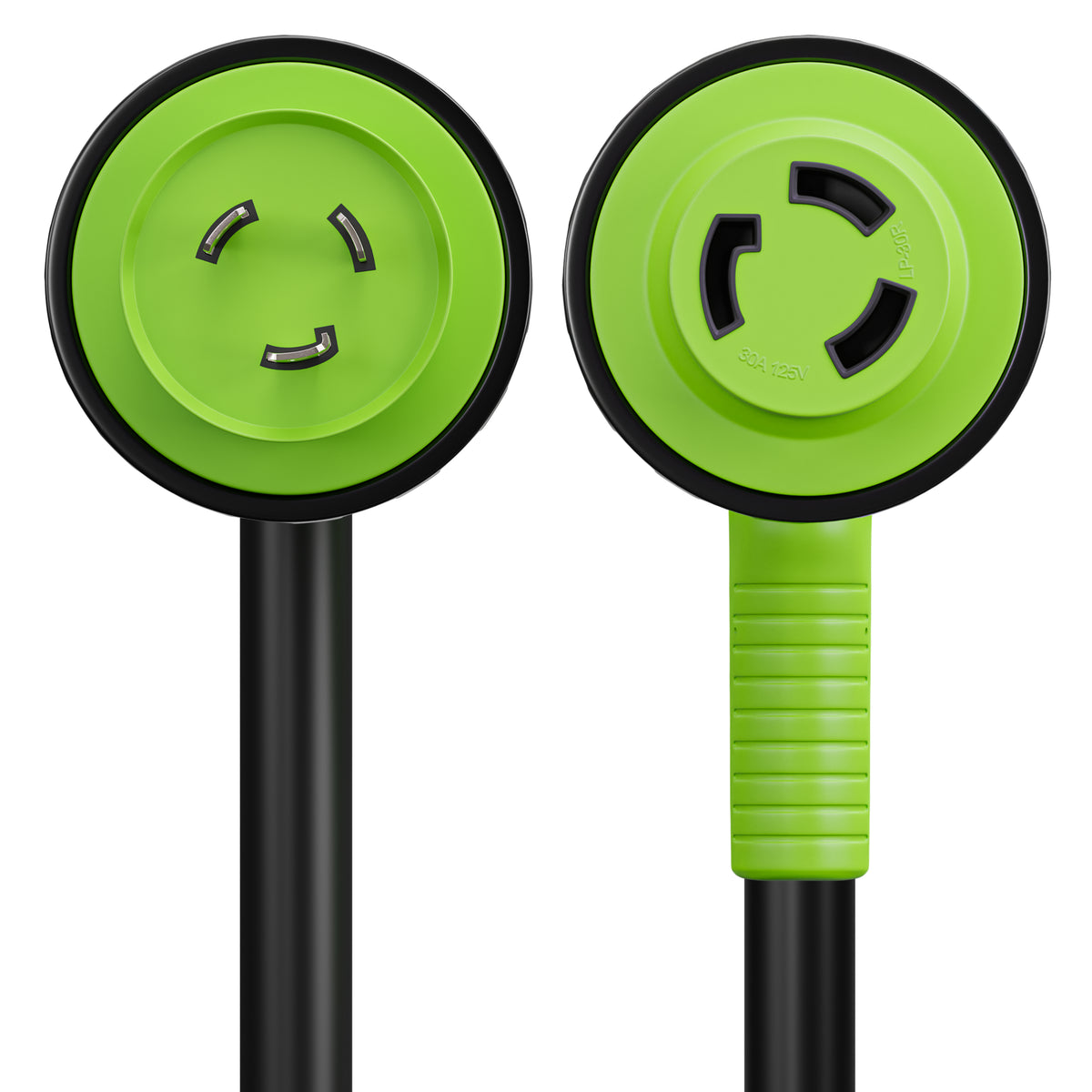 Leisure Cords 30AMP RV Dogbone Adapter Cord 90 Degree Handles Twist Locking Coupler NEMA L5-30P to L5-30R 12 Inch (Green)