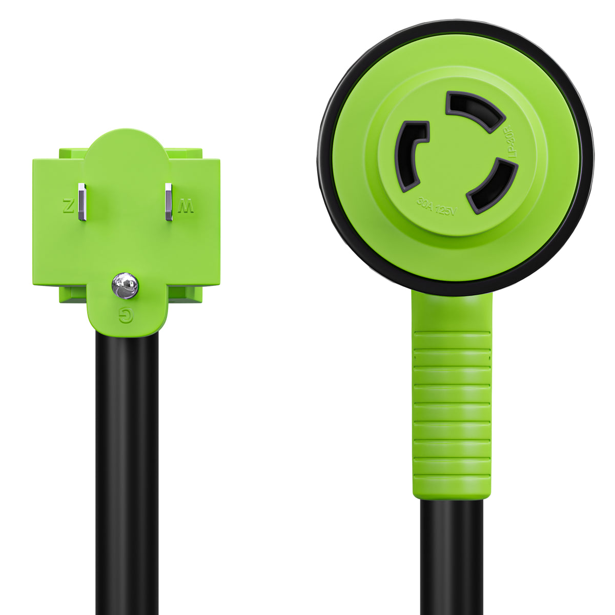 Leisure Cords 30AMP RV Dogbone Adapter Cord 90 Degree Handles Twist Locking NEMA 5-15P to L5-30R 12 Inch (Green)