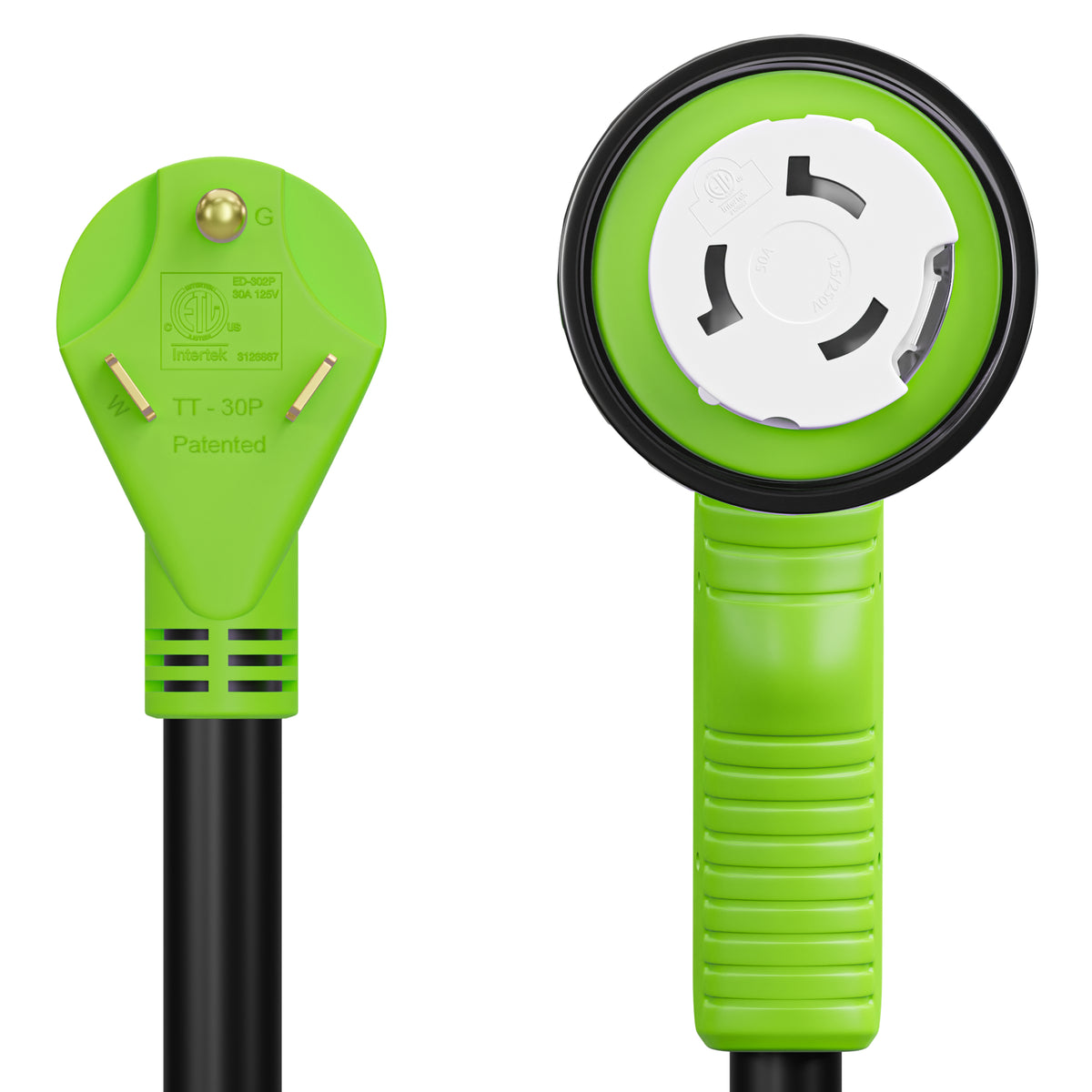 Leisure Cords 50AMP RV Dogbone Adapter Cord 90 Degree Handles Twist Locking NEMA TT-30P to SS2-50R 12 Inch (Green)