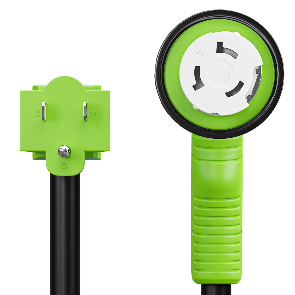Leisure Cords 50AMP RV Dogbone Adapter Cord 90 Degree Handles Twist Locking NEMA 5-15P to SS2-50R 12 Inch (Green)