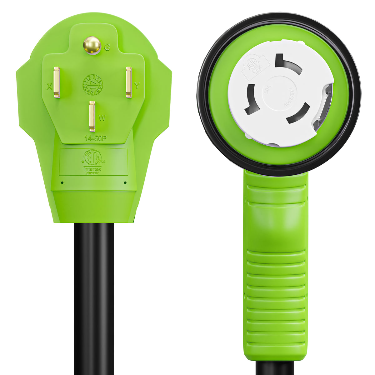 Leisure Cords 50AMP RV Dogbone Adapter Cord 90 Degree Handles Twist Locking NEMA 14-50P to SS2-50R 12 Inch (Green)