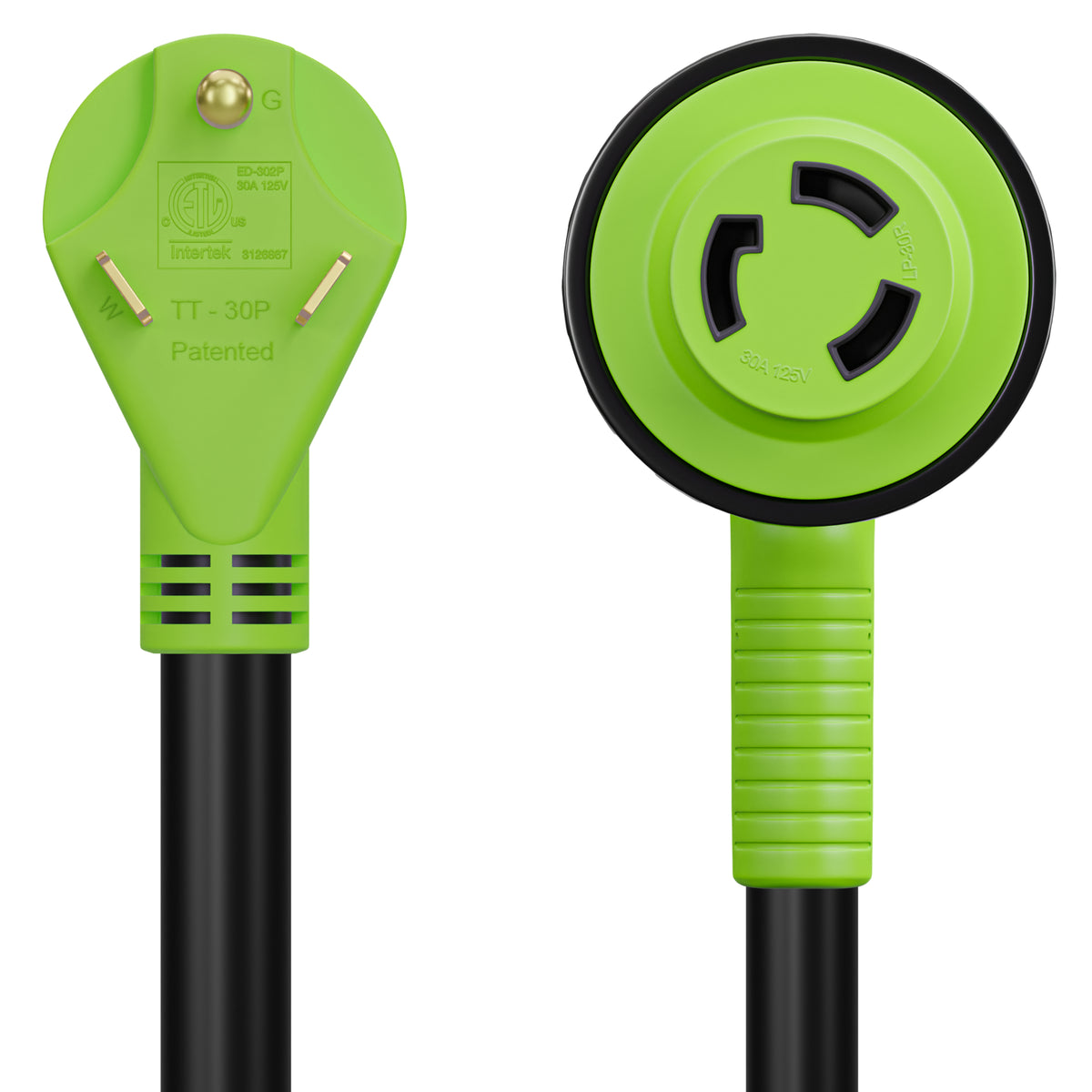 Leisure Cords 30AMP RV Dogbone Adapter Cord 90 Degree Handles Twist Locking NEMA TT-30P to L5-30R 12 Inch (Green)