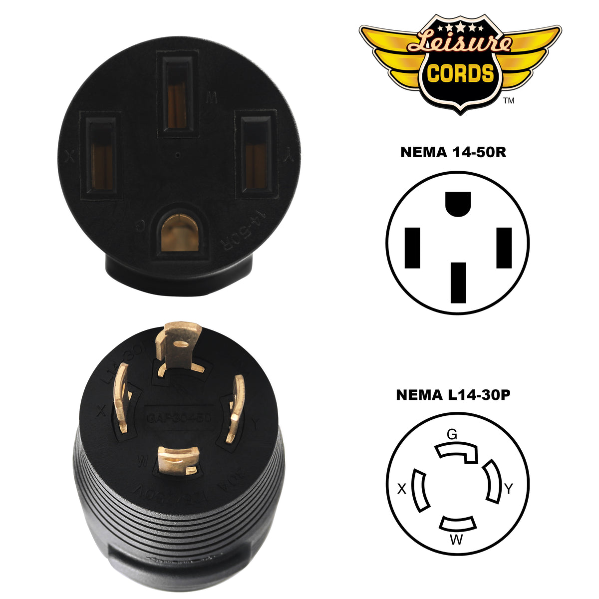 Leisure Cords 30AMP RV Electrical Adapter Generator NEMA L14-30P to TT-30R 3 Inch (Black)