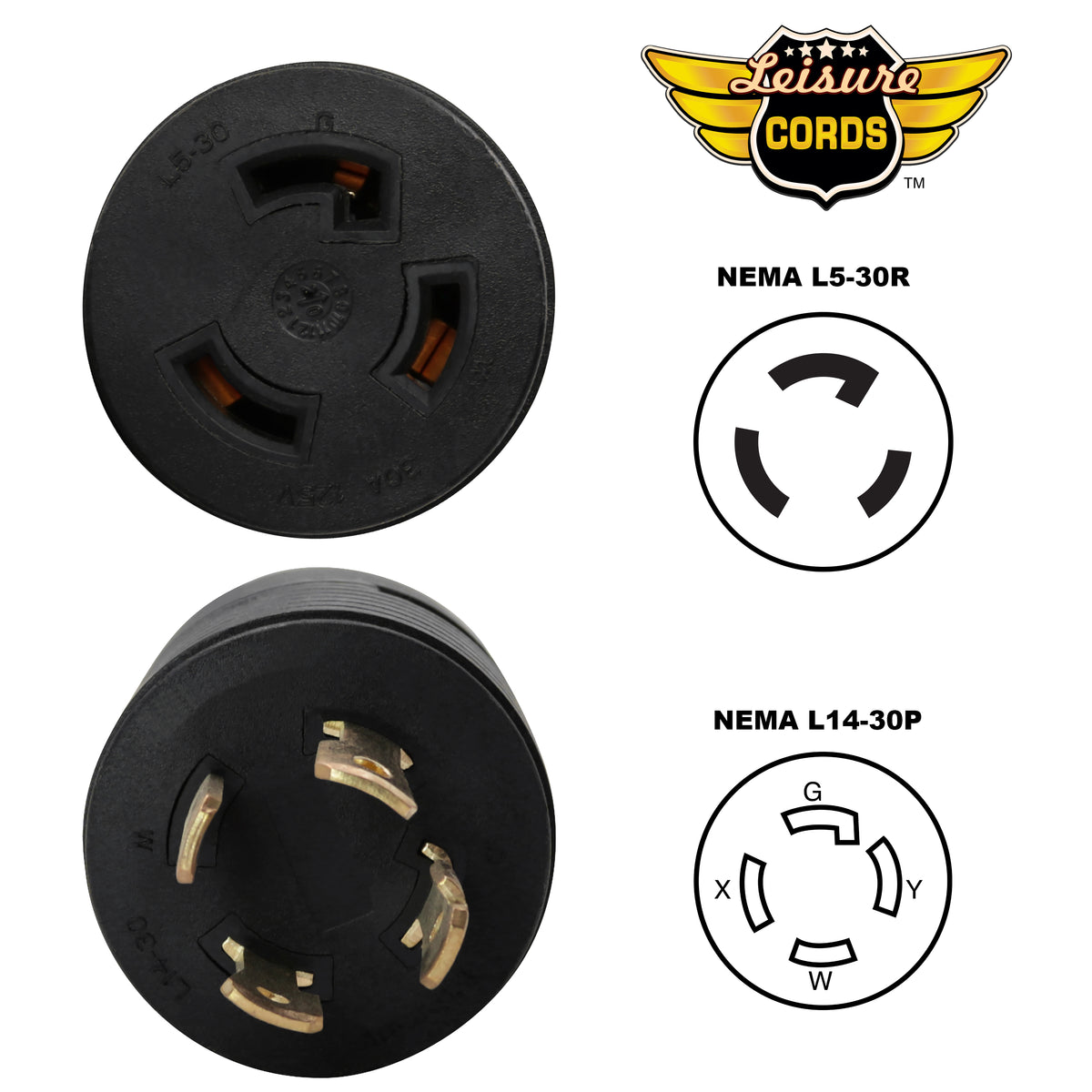 Leisure Cords 30AMP RV Electrical Adapter Generator NEMA L14-30P to L5-30R 3 Inch (Black)