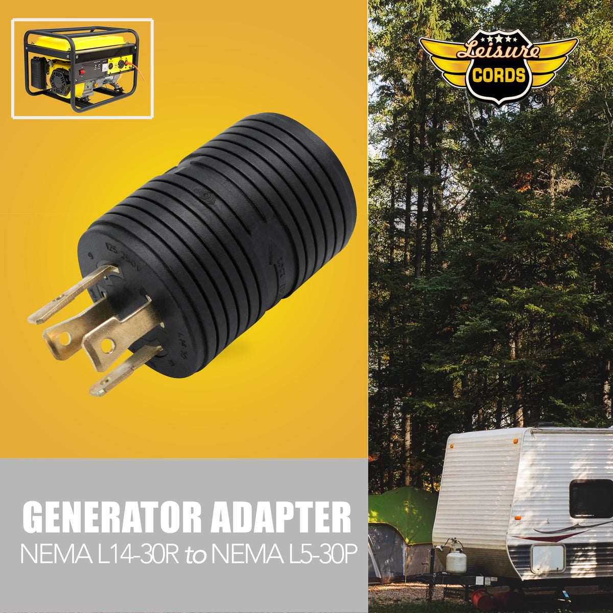 Leisure Cords 30AMP RV Electrical Adapter Generator NEMA L14-30P to L5-30R 3 Inch (Black)