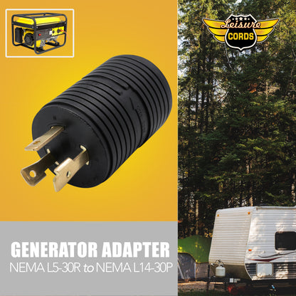 Leisure Cords 30AMP RV Electrical Adapter Generator NEMA L5-30P to L14-30R 3 Inch (Black)