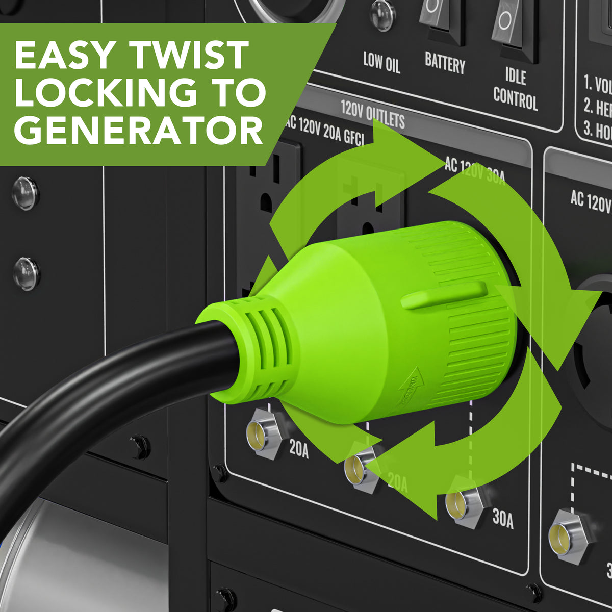 Leisure Cords 30AMP RV Generator Cord NEMA L14-30P to L14-30R 15 Foot (Green)