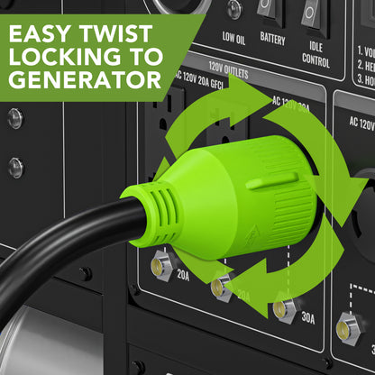 Leisure Cords 30AMP RV Generator Cord NEMA L14-30P to L14-30R 15 Foot (Green)