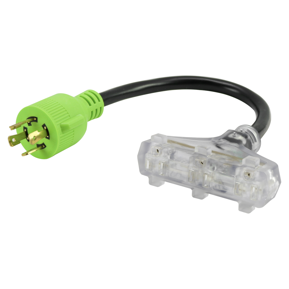 Leisure Cords 30AMP RV Dogbone Adapter Cord Generator Tri-Outlet NEMA L5-30P to 5-15R 18 Inch (Green)