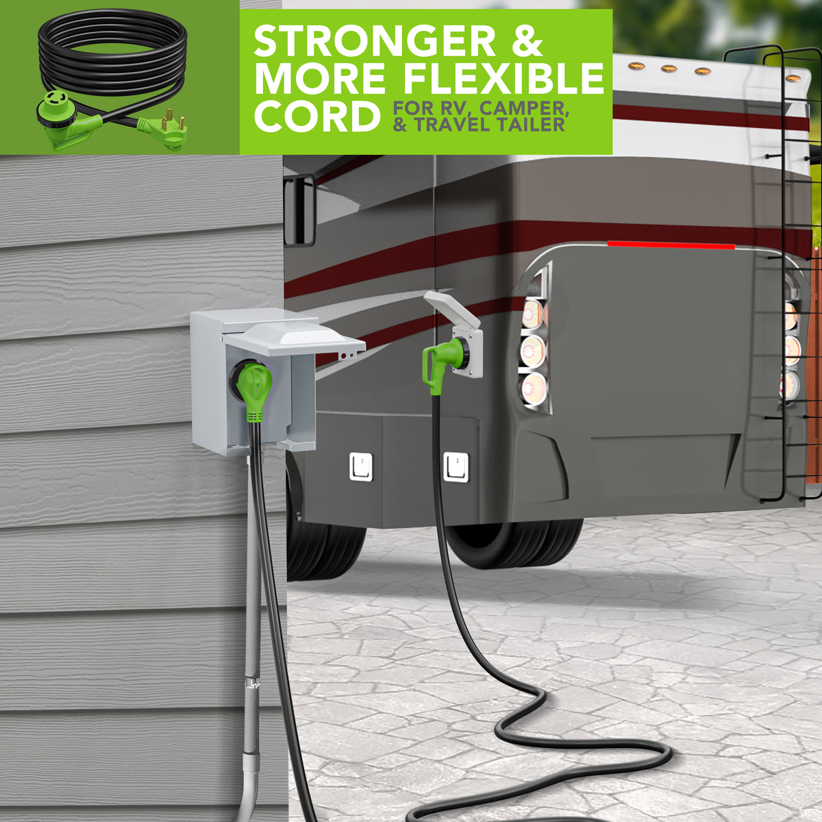 Leisure Cords 30AMP RV Extension Cord 90 Degree Handles Twist Locking 15 Foot (Green)