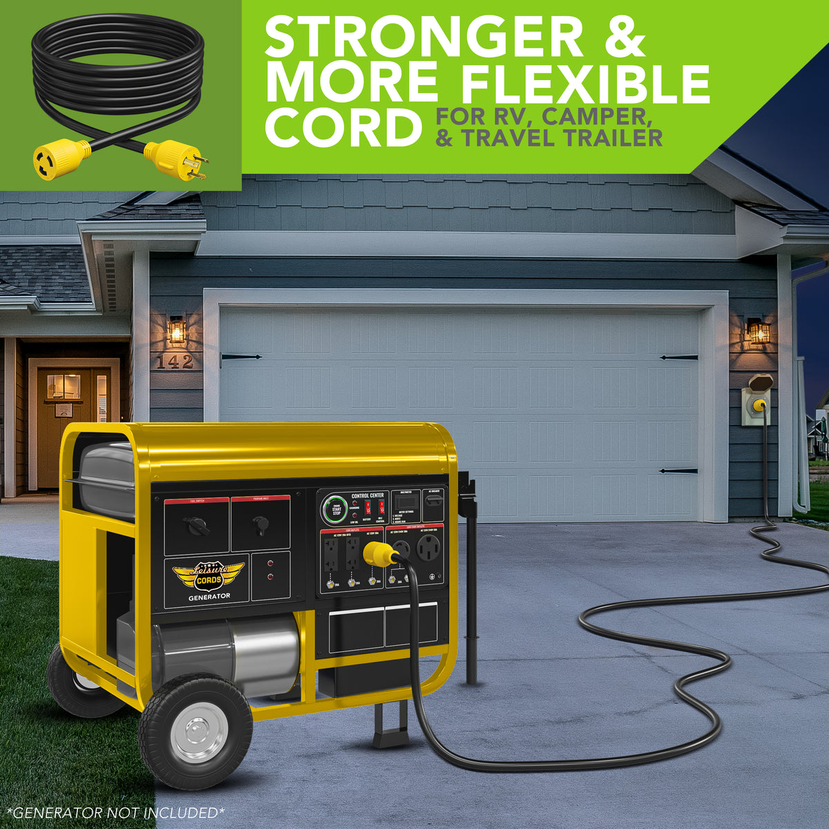 Leisure Cords 30AMP RV Generator Cord NEMA L5-30P to L5-30R 15 Foot (Yellow)
