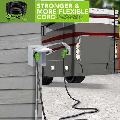 Leisure Cords 30AMP RV Extension Cord 90 Degree Handles Twist Locking 25 Foot (Green)