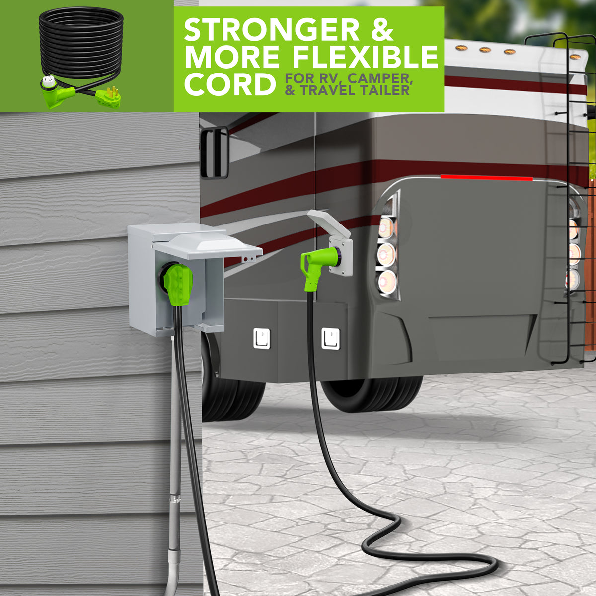 Leisure Cords 50AMP RV Extension Cord 90 Degree Handles Twist Locking 50 Foot (Green)
