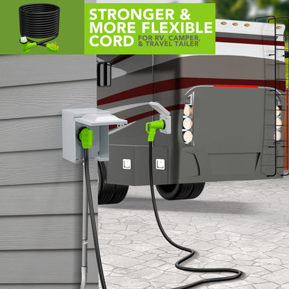 Leisure Cords 50AMP RV Extension Cord 90 Degree Handles Twist Locking 50 Foot (Green)