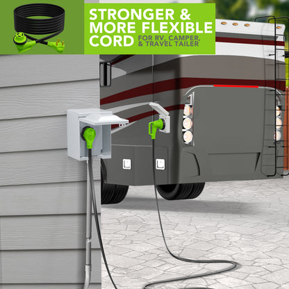 Leisure Cords 30AMP RV Extension Cord 90 Degree Handles Twist Locking Flat Cord Profile 15 Foot (Green)