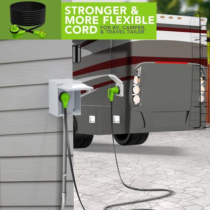 Leisure Cords 30AMP RV Extension Cord 90 Degree Handles Twist Locking Flat Cord Profile 36 Foot (Green)