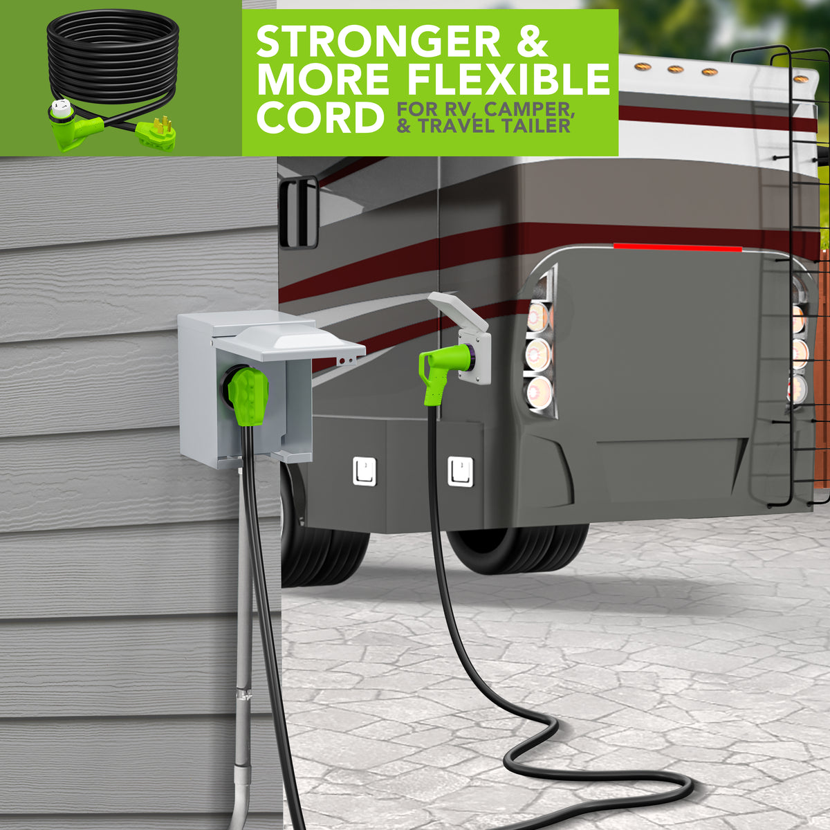 Leisure Cords 50AMP RV Extension Cord 90 Degree Handles Twist Locking 36 Foot (Green)