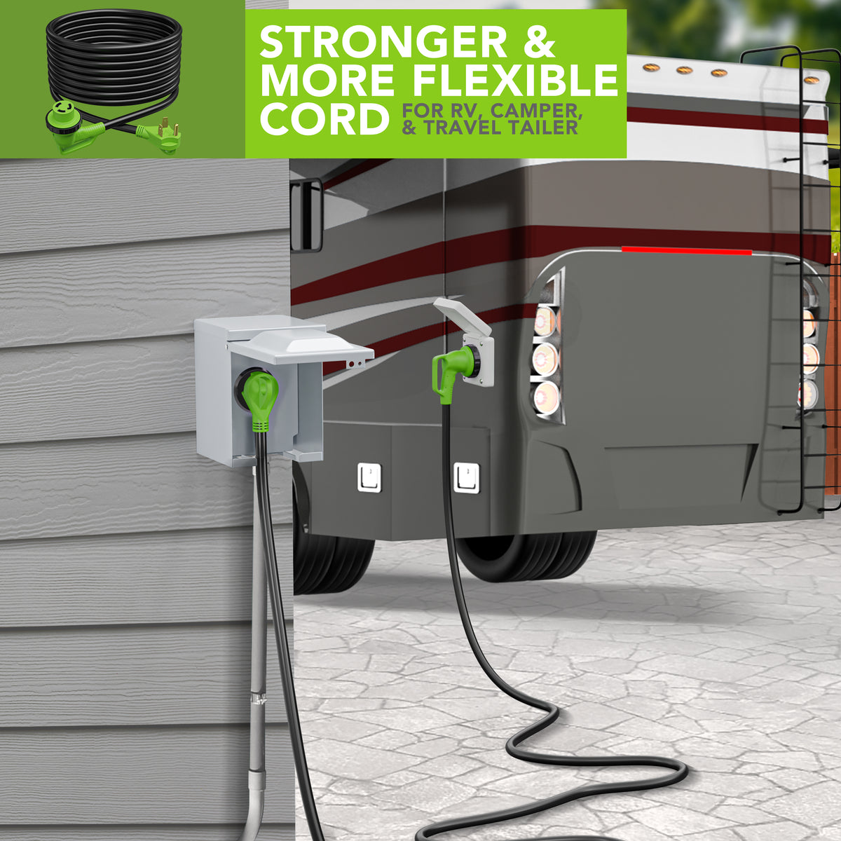 Leisure Cords 30AMP RV Extension Cord 90 Degree Handles Twist Locking 36 Foot (Green)