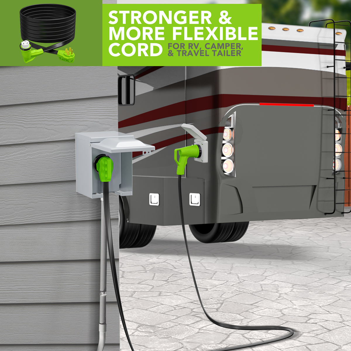 Leisure Cords 50AMP RV Extension Cord 90 Degree Handles Twist Locking Flat Cord Profile 15 Foot (Green)