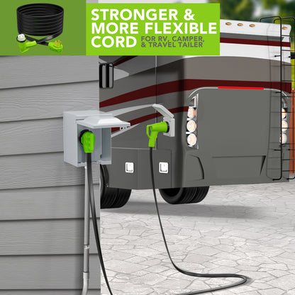 Leisure Cords 50AMP RV Extension Cord 90 Degree Handles Twist Locking Flat Cord Profile 15 Foot (Green)