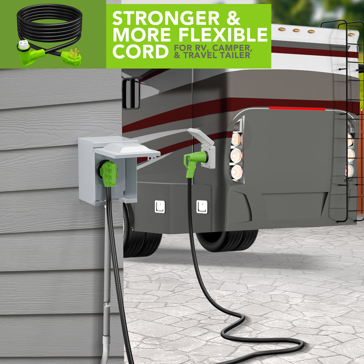 Leisure Cords 50AMP RV Extension Cord 90 Degree Handles Twist Locking 15 Foot (Green)