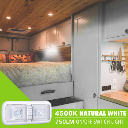 Leisure LED 12V RV LED Double Dome Light Rectangle Natural White On Off Switch Clear Lens 11 Inch (White)