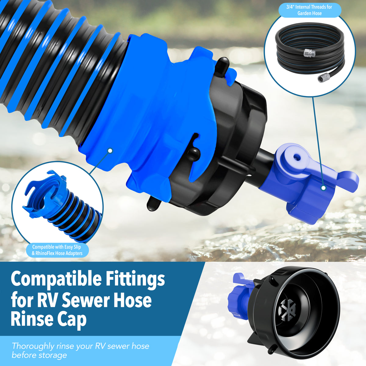 Leisure Coachworks RV Sewer Hose Rinse Cap for 3 Inch Sewer Hose with Shutoff Valve (Black)